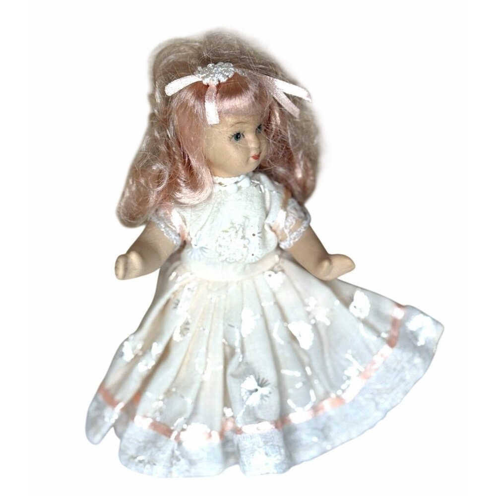 Vintage Porcelain Blonde Blue Eyes Doll Floral Lace Dress Victorian Strawberry - Picture 7 of 11